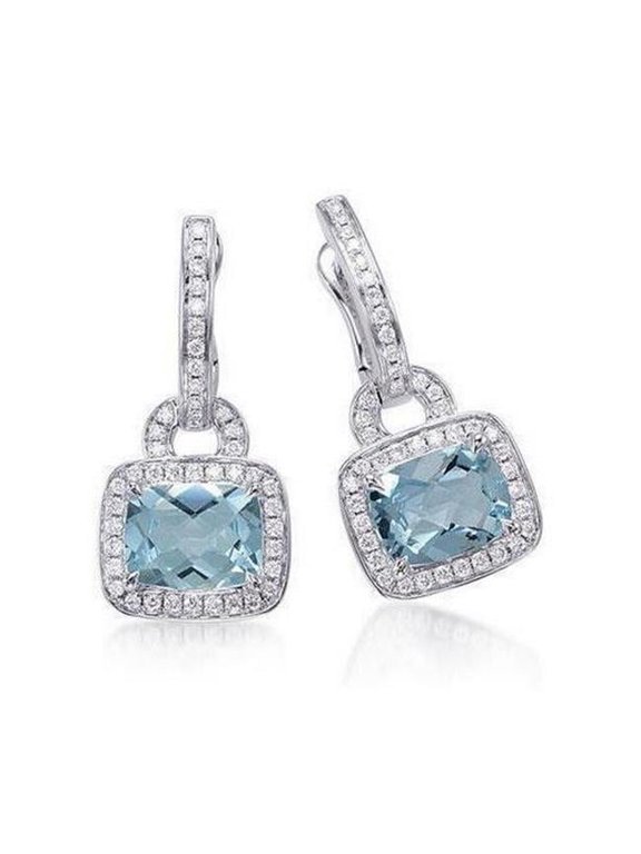 Enterprises 61675 6.50 CT Womens Aquamarine & Diamonds Dangle Earrings, White Gold