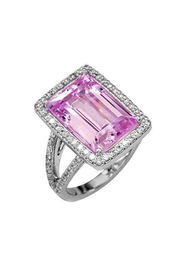 Enterprises 61776 20 CT Pink Natural Kunzite with Diamond Wedding Ring, 14K White Gold - Size 6.5