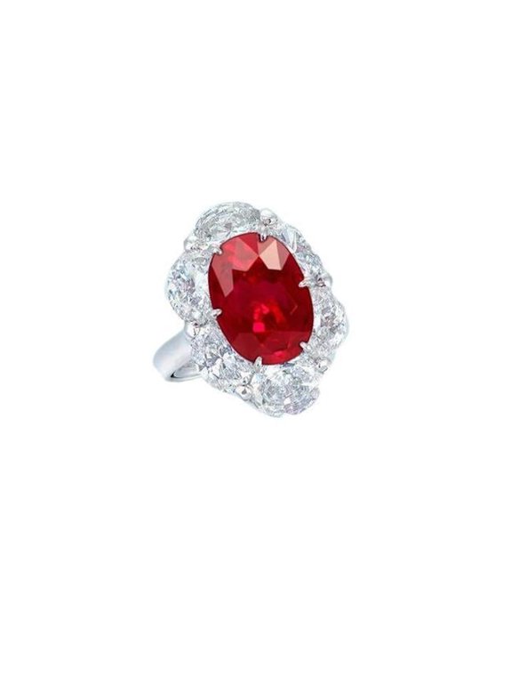 Enterprises 61876 Red Ruby with Halo 14K White Gold 5.25 CT Gemstone Diamond Ring, Size 6.5