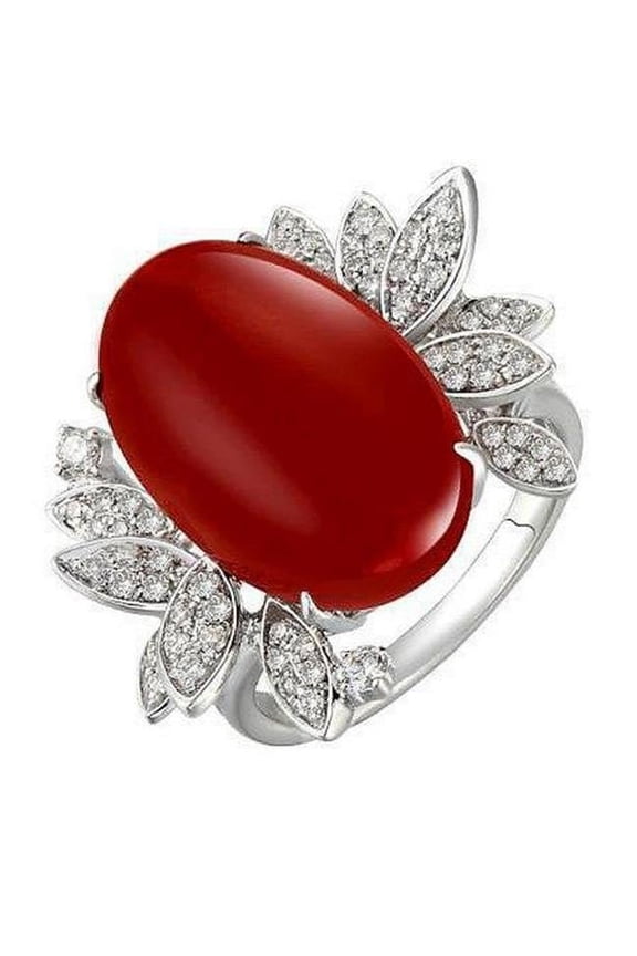 Enterprises 61913 Flower Style 13 CT Red Coral with Diamonds Wedding Ring, 14K White Gold - Size 6.5