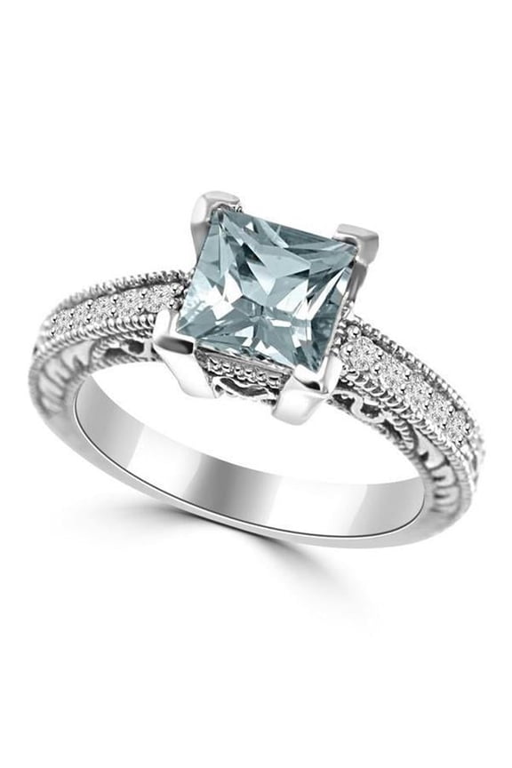 Enterprises 61999 Princess Cut Aquamarine with Round Diamonds 16 CT Ring, White Gold - Size 6.5