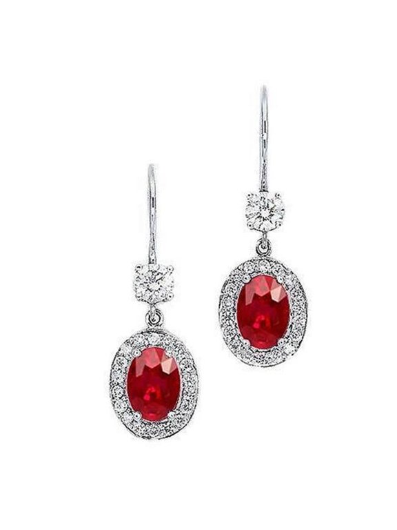 Enterprises 62091 5 CT Oval Red Ruby with Diamond Dangle Earring, 14K White Gold