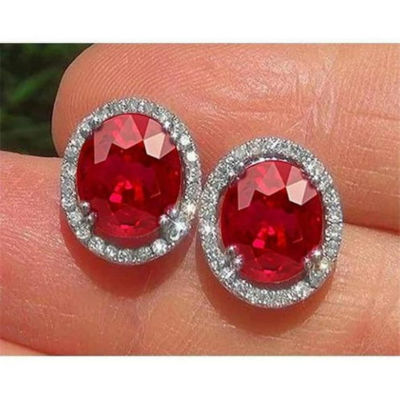 Harry Chad Enterprises 62106 5.12 CT Red Ruby with Diamond Stud Lady Earring, 14K White Gold