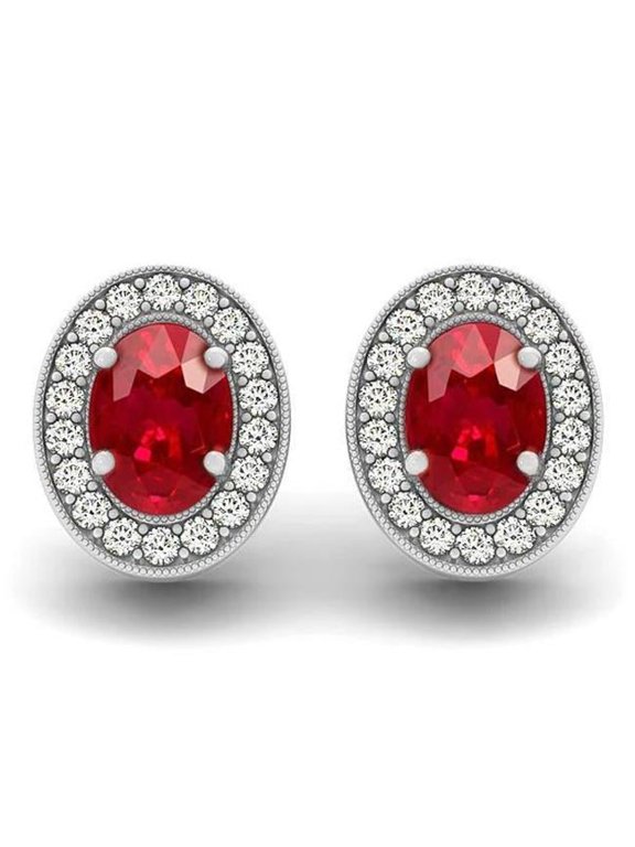 Enterprises 62113 14K White Gold Red Ruby & Diamonds 5 CT Lady Stud Earrings