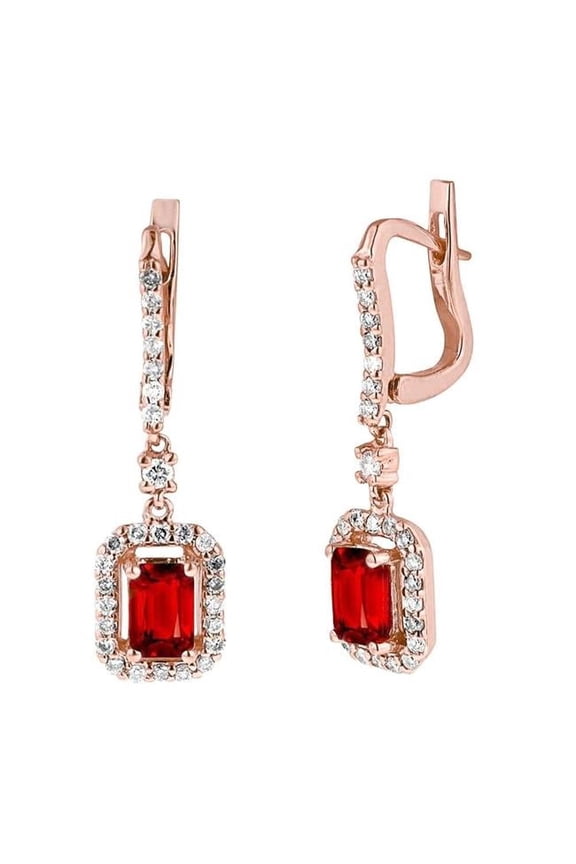 Enterprises 62128 2.70 CT Emerald Cut Red Ruby & Diamond Dangle Earring, Rose Gold