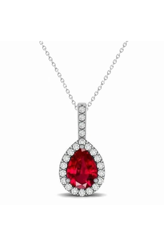 Enterprises 62148 3.25 CT Pear Ruby with Diamonds Pendant Necklace, 14K White Gold