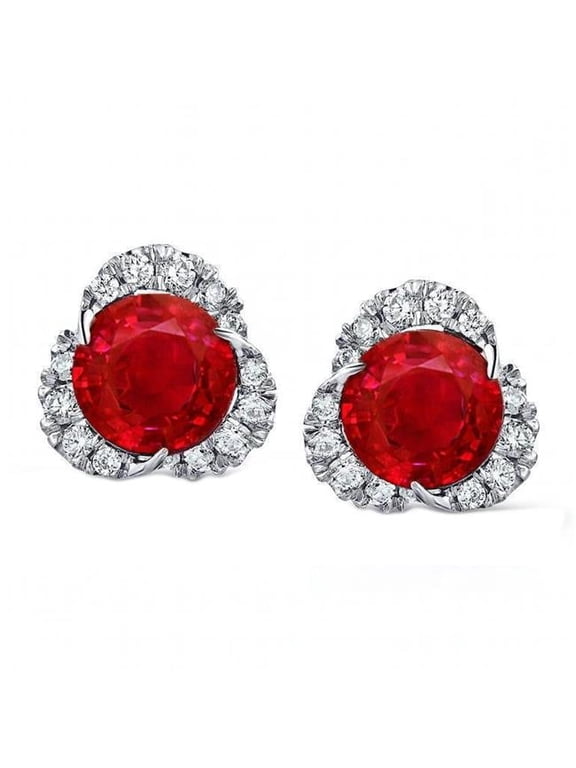 Enterprises 62975 Red Ruby with Diamonds 4.90 CT Lady Halo Stud Earrings, White Gold