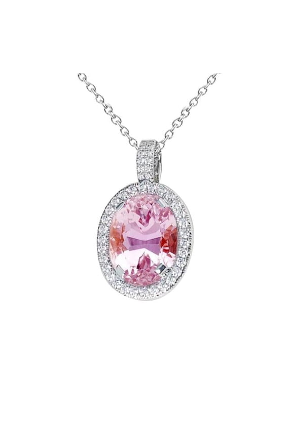 Enterprises 63057 10.50 CT Pink Oval Cut Kunzite Diamond Necklace Pendant, 14K Gold