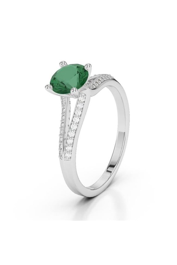 Enterprises 64579 3 CT Gemstone Round Emerald & Diamonds Ring, White Gold - Size 6.5