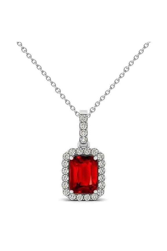 Enterprises 64895 3.30 CT Red Ruby Emerald Cut with Diamond Pendant, 14K Gold