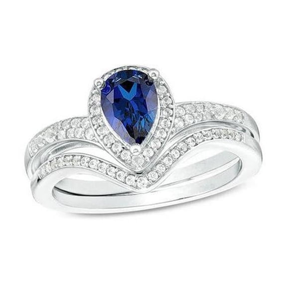 Harry Chad Enterprises 65928 4 CT Diamond Halo Pear Cut Blue Sapphire Engagement Ring Set, Size 6.5