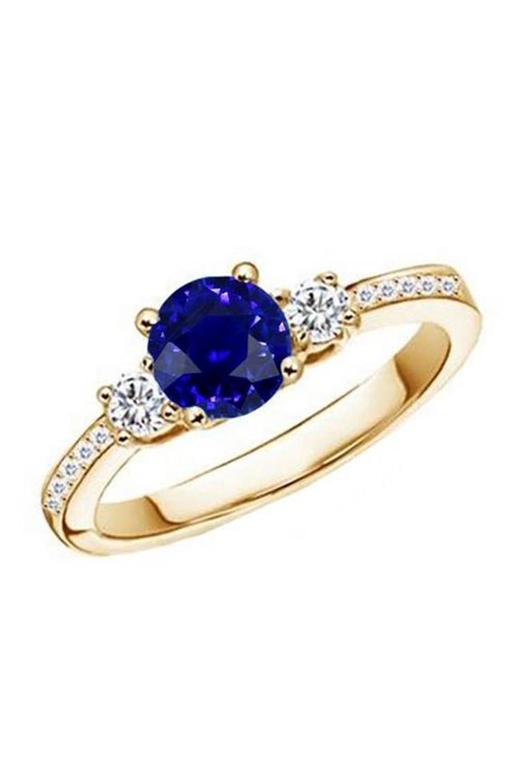 Enterprises 65954 Diamond Blue Sapphire 2 CT 3 Stone Style Gemstone Ring, Yellow Gold - Size 6.5