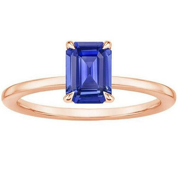 Harry Chad Enterprises 66213 Ceylon Sapphire 3 CT Emerald Cut Solitaire Ring, 14K Rose Gold - Size 6.5