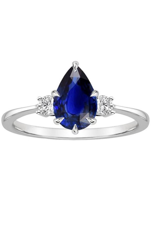 Enterprises 66500 3 CT Three Stone Pear Blue Sapphire & Diamonds Anniversary Ring, Size 6.5