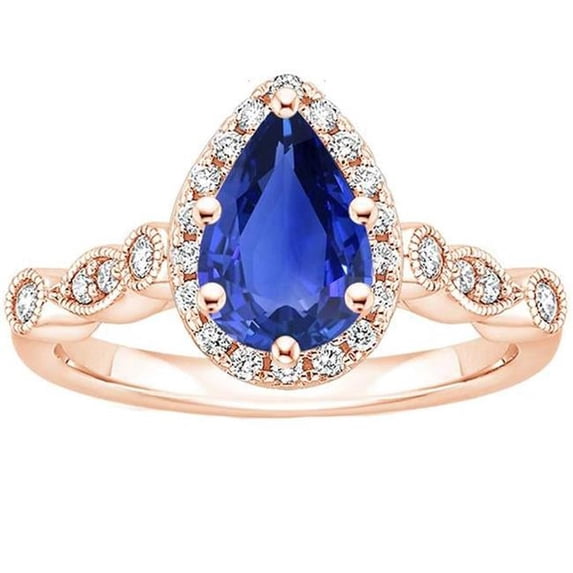 Harry Chad Enterprises 66507 4 CT Vintage Style Pear Blue Sapphire & Diamonds Halo Ring, Size 6.5