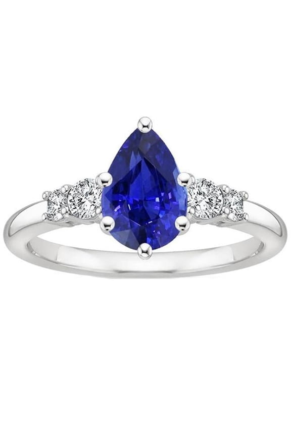 Enterprises 66508 3.25 CT White Gold 5 Stone Round Diamond & Pear Blue Sapphire Ring, Size 6.5