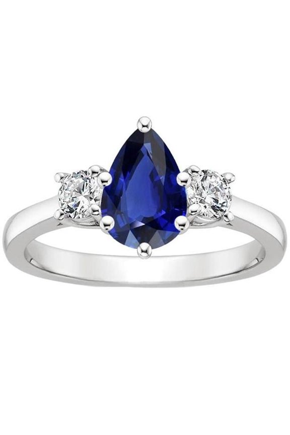 Enterprises 66540 3 CT Round Diamond 3 Stones Pear Cut Ceylon Sapphire Ring, Size 6.5