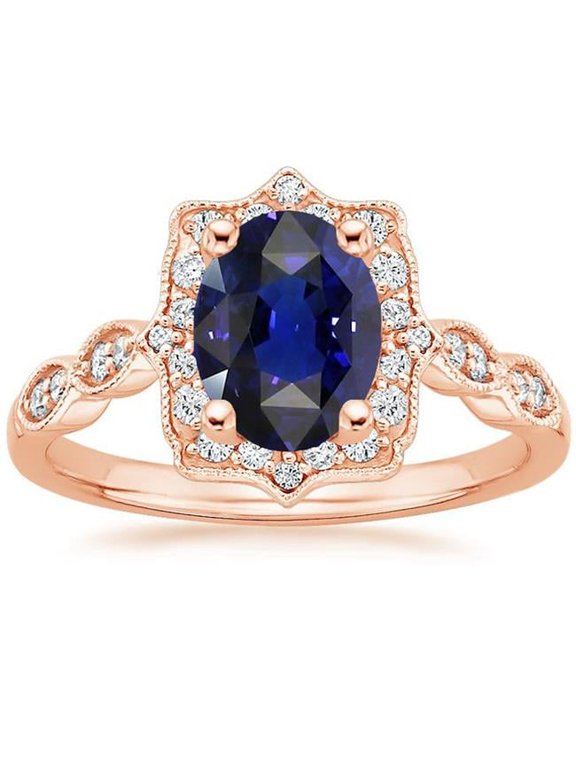 Enterprises 66563 3.75 CT Vintage Style Oval Ceylon Sapphire & Diamonds Halo Ring, Size 6.5