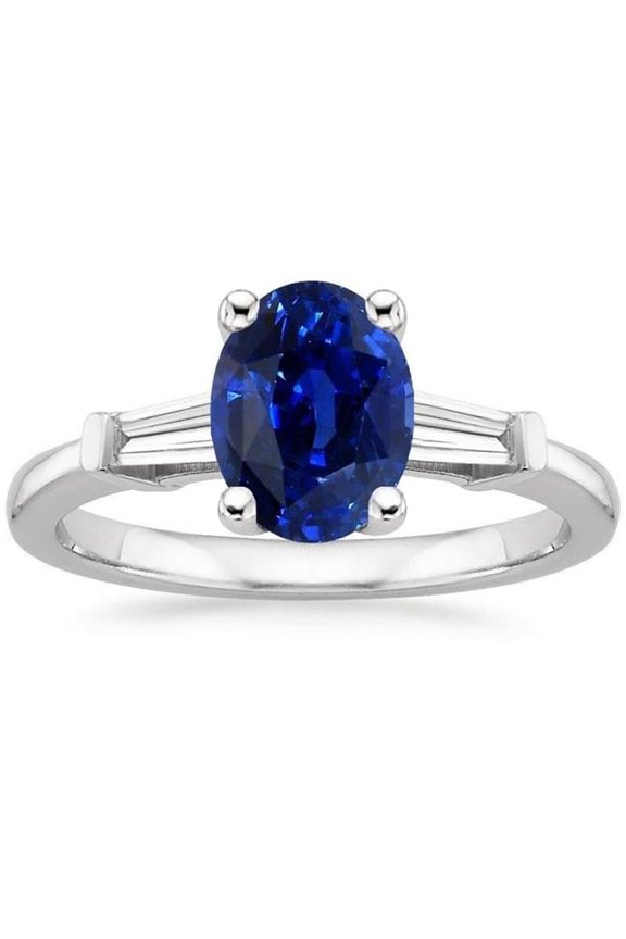 Enterprises 66573 3 CT Three Stones Oval Ceylon Sapphire & Baguette Diamonds Ring, Size 6.5