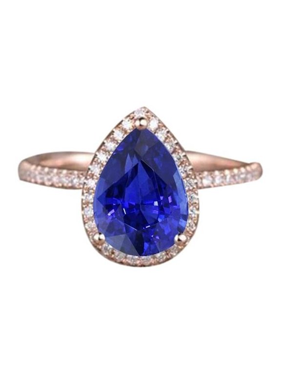 Enterprises 66640 3.75 CT Teardrop Style Ceylon Sapphire & Diamonds Halo Ring, Size 6.5