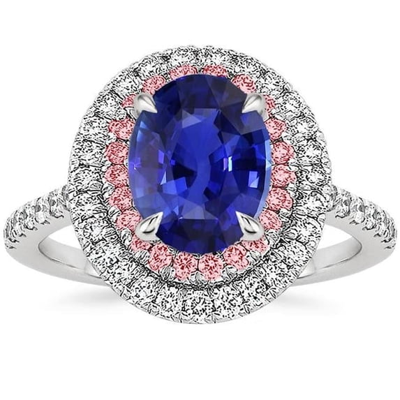 Harry Chad Enterprises 66776 Diamond Double Halo Oval Blue & Pink Sapphire Ring 5 CT Prong Set, Size 6.5