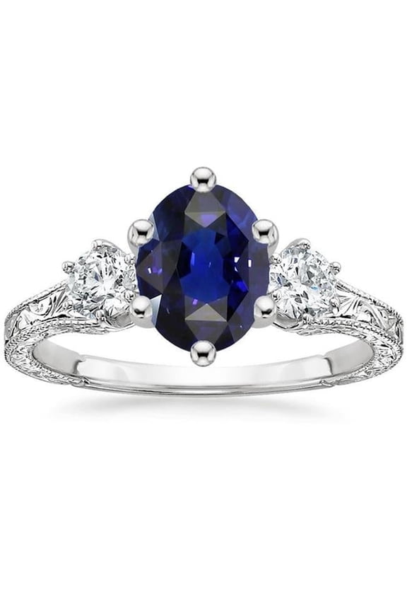 Enterprises 66787 2.50 CT Antique Style Blue Sapphire 3 Stone Ring & Diamonds, Size 6.5