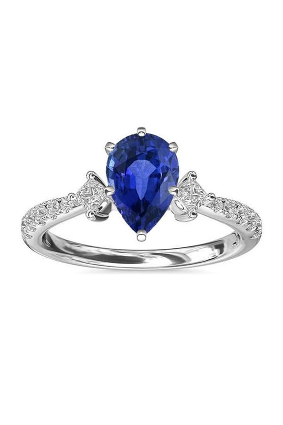 Enterprises 66928 3 CT Blue SriLanka Three Stone Diamond Accents Pear Sapphire Ring, Size 6.5