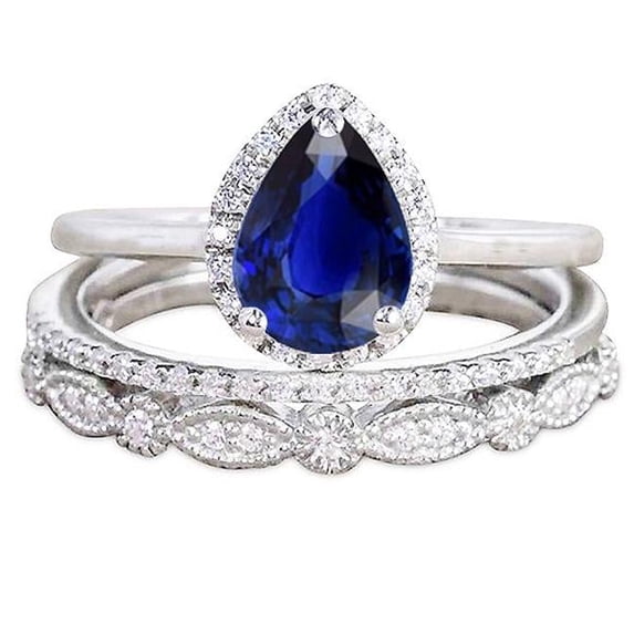 Harry Chad Enterprises 67030 3.50 CT Vintage Style Halo Wedding Ring Pear Cut Blue Sapphire Set, Size 6.5