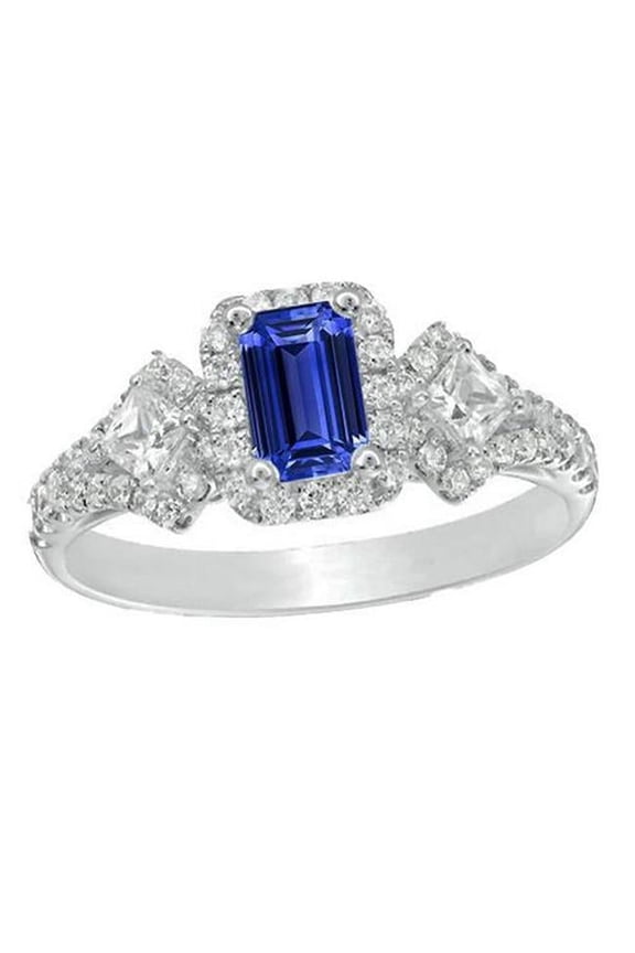 Enterprises 67046 4 CT Halo Emerald Blue 3 Stone Style & Diamonds Sapphire Ring, Size 6.5