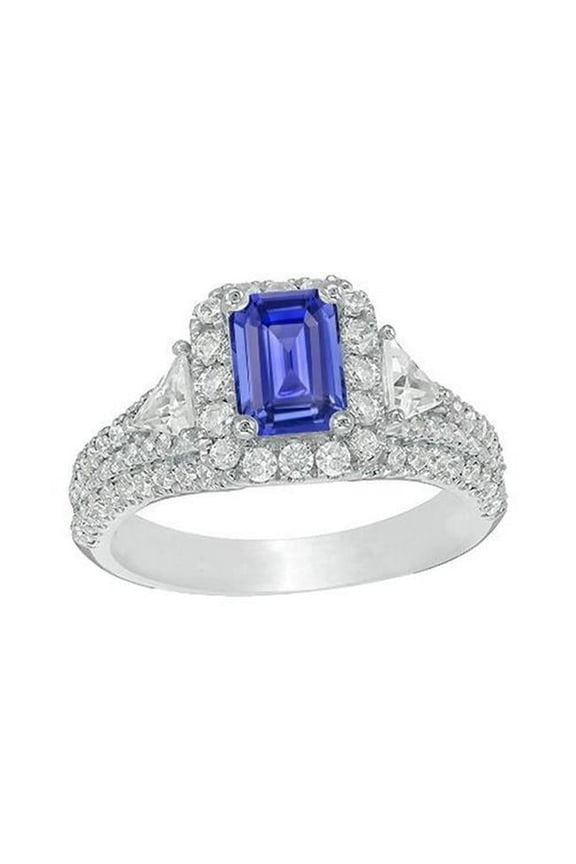 Enterprises 67062 3.50 CT Halo Blue 3 Stone Style Emerald & Diamonds Sapphire Ring, Size 6.5