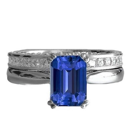 Harry Chad Enterprises 67072 3 CT Ceylon Sapphire & Diamonds Emerald Engagement Ring Set, Size 6.5