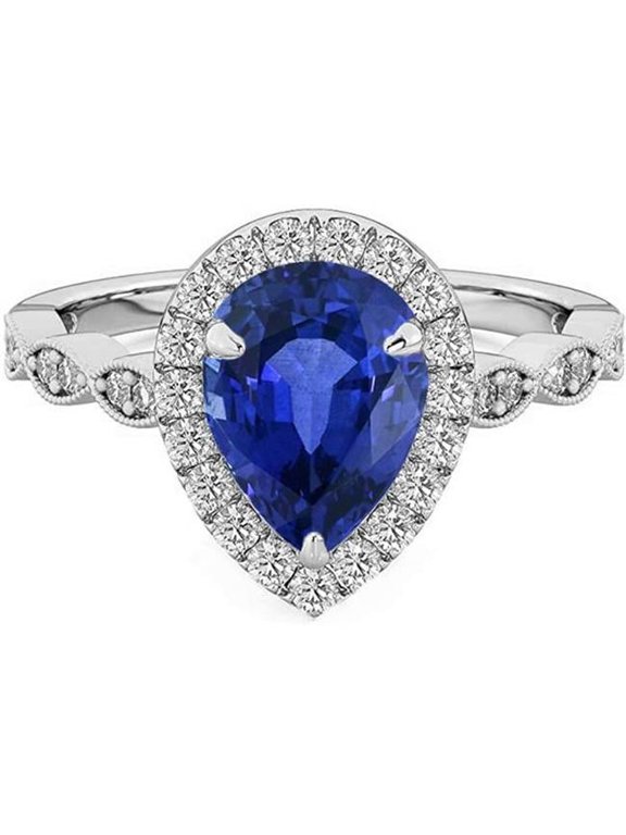 Enterprises 67176 5 CT Pear Ceylon Sapphire & Diamonds Halo Ring, 14K White Gold - Size 6.5