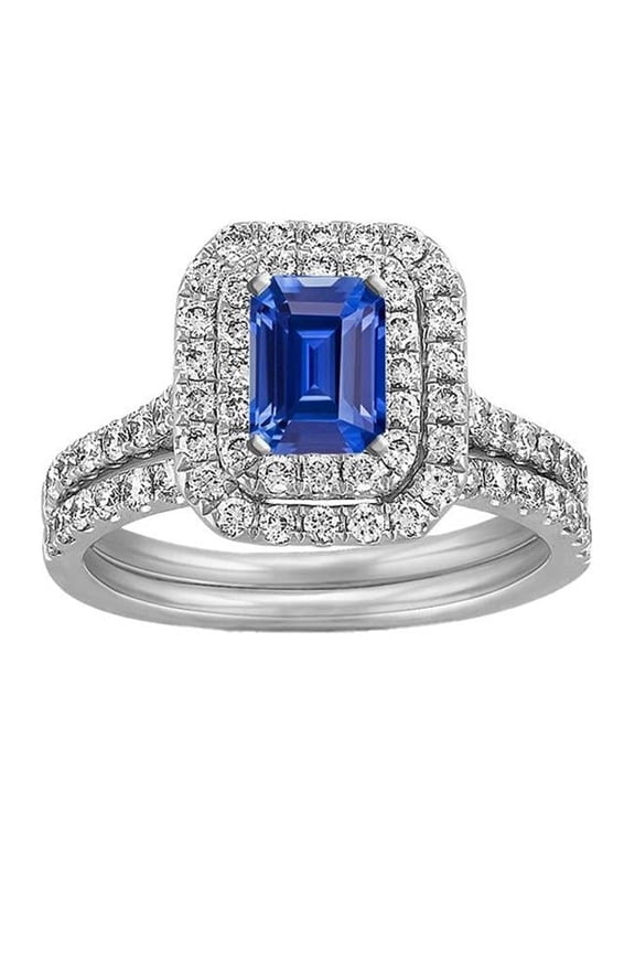Enterprises 67290 5 CT Diamond Double Halo Emerald Blue Sapphire Wedding Ring Set, Size 6.5