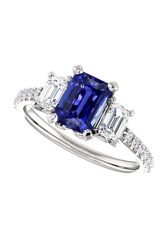 Enterprises 67307 4 CT Gemstone Radiant Blue 3 Stone Style & Diamonds Sapphire Ring, Size 6.5