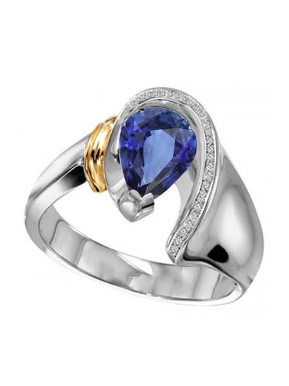 Enterprises 67348 Womens 2 CT Pear Cut Blue SriLankan Sapphire Two Tone Diamond Ring, Size 6.5