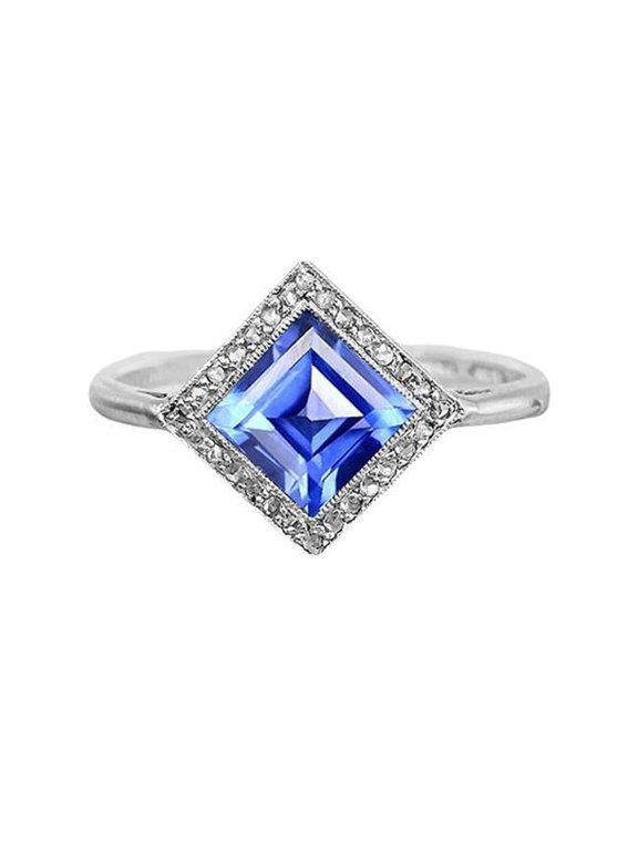 Enterprises 67397 Diamond Halo Princess Blue 3 CT Gold Pyramid Style Sapphire Ring, Size 6.5
