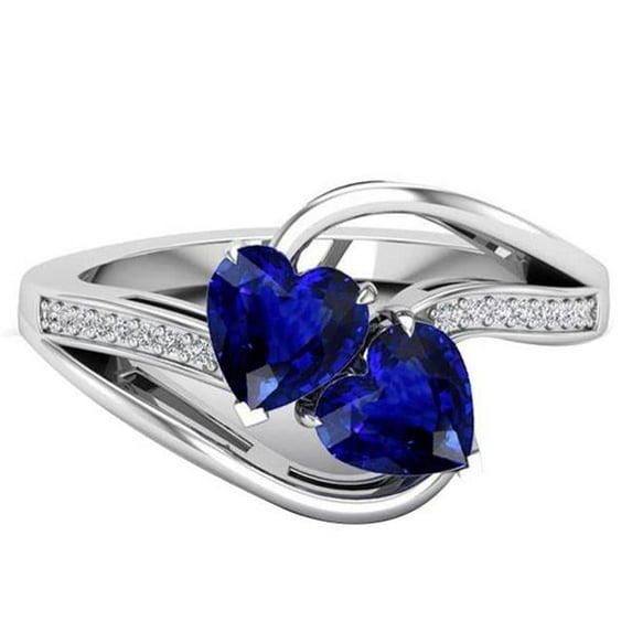 Harry Chad Enterprises 67669 3.50 CT Toi et Moi 2 Stone Heart Blue Sapphire Round Diamond Ring, Size 6.5