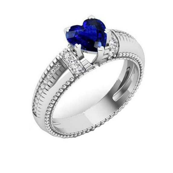 Harry Chad Enterprises 67693 2 CT Ceylon Sapphire & Heart Cut Milgrain Shank Diamond Ring, Size 6.5