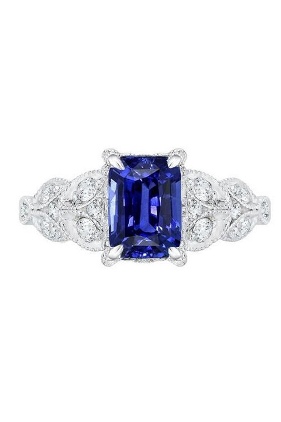 Enterprises 67715 3.50 CT Radiant Ceylon Sapphire Leaf Style Diamonds Gemstone Ring, Size 6.5