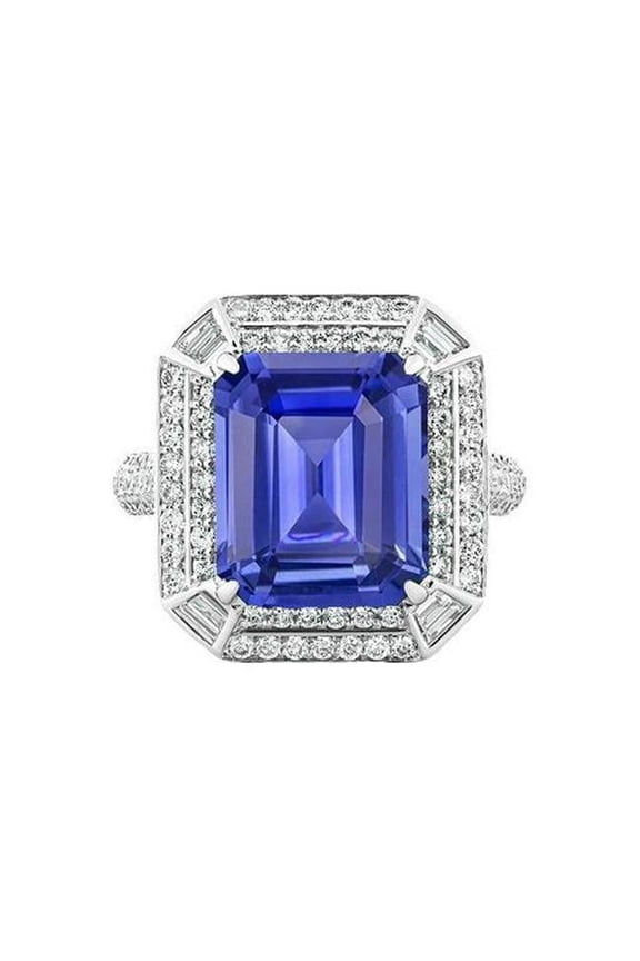 Enterprises 67799 Emerald Shaped Diamond Blue 4.50 CT Pave Set Accents Sapphire Ring, Size 6.5