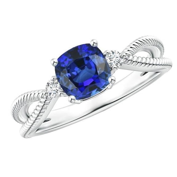 Harry Chad Enterprises 67966 Cushion Sapphire 3 Stone Split Shank 2.25 CT Rope Style Ring, Size 6.5
