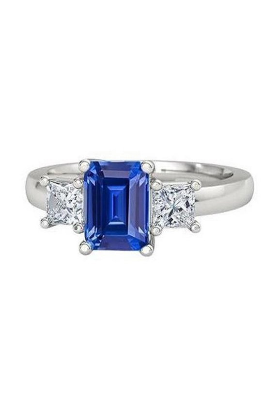 Enterprises 67996 1.75 CT Emerald 3 Stone Ceylon Sapphire & Princess Diamonds Ring, Size 6.5