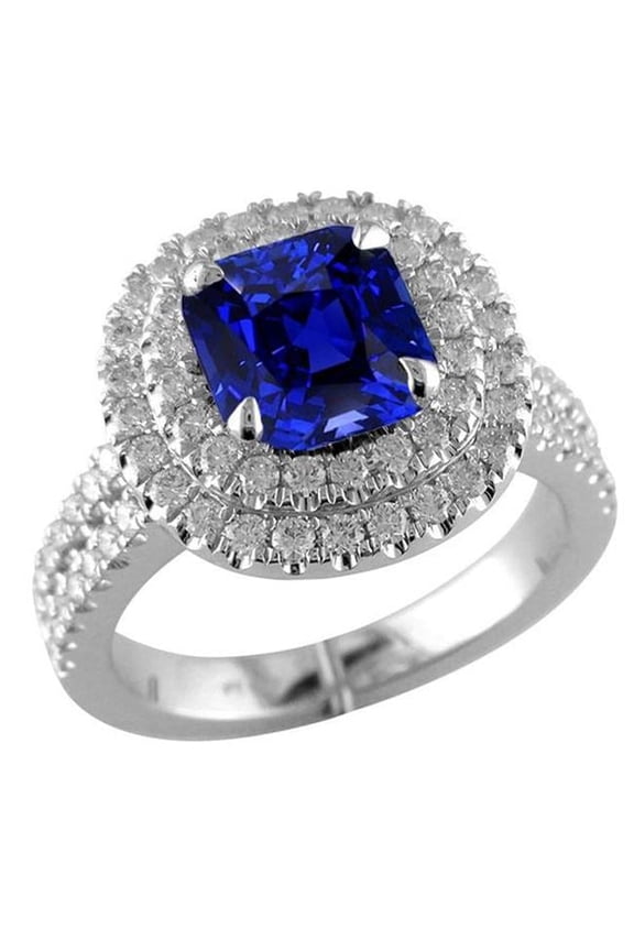 Enterprises 68149 4.50 CT Double Halo Cushion Blue Pave Split Shank Sapphire Ring, Size 6.5