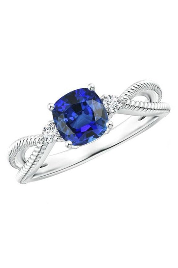 Enterprises 68169 3 Stone Cushion Blue Sapphire Rope Style 2.25 CT Split Shank Ring, Size 6.5