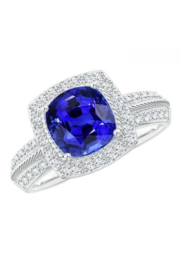 Enterprises 68170 Blue Sapphire Rope Style 5 CT Double Shank Diamonds Halo Ring, Size 6.5