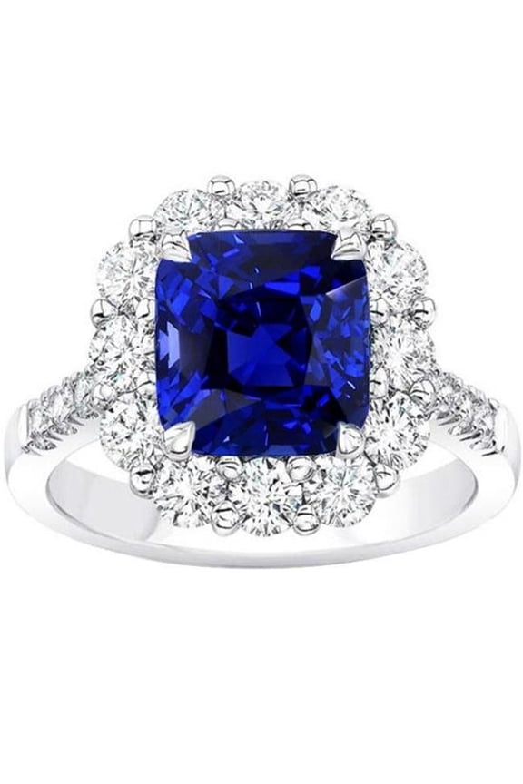 Enterprises 68175 5.50 CT Halo Cushion Deep Blue Sapphire Ring & Diamond, Size 6.5