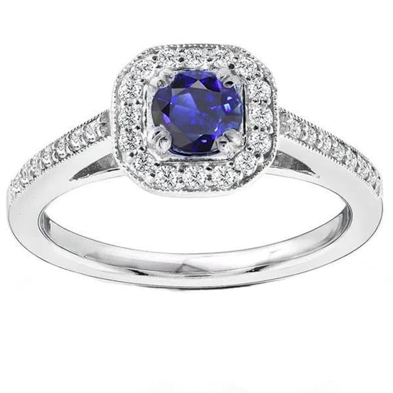 Harry Chad Enterprises 68242 Antique Style Diamond Halo Blue 3 CT Milgrain Shank Sapphire Ring, Size 6.5