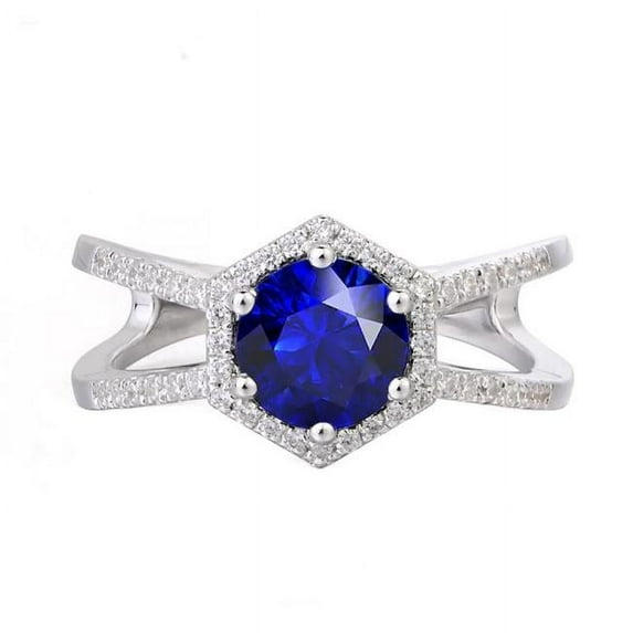 Harry Chad Enterprises 68245 Halo Blue Sapphire 3.50 CT Hexagon Shape Split Shank Diamond Ring, Size 6.5