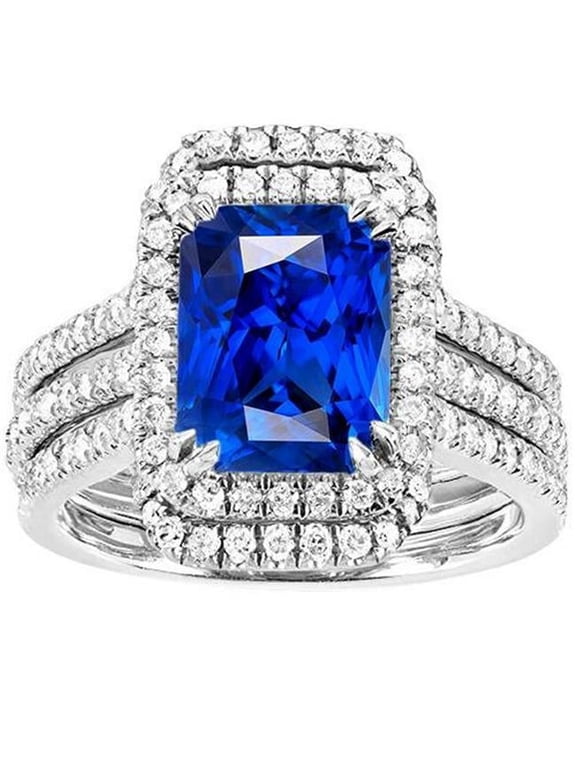 Enterprises 68302 5 CT Halo Diamond Sapphire Engagement Set with Jacket Wedding Ring, Size 6.5