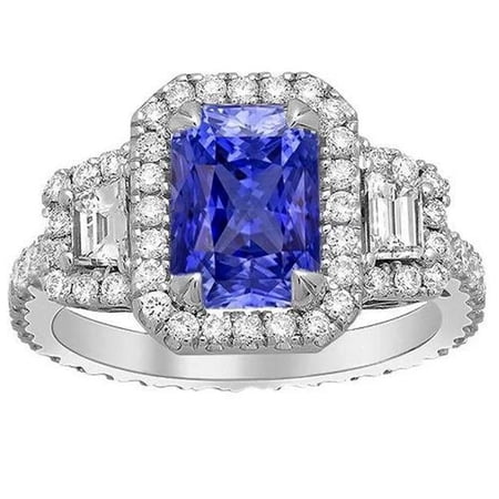 Harry Chad Enterprises 68314 4.50 CT Trapezoid & Round Diamond Gold Ceylon Sapphire Halo Ring, Size 6.5